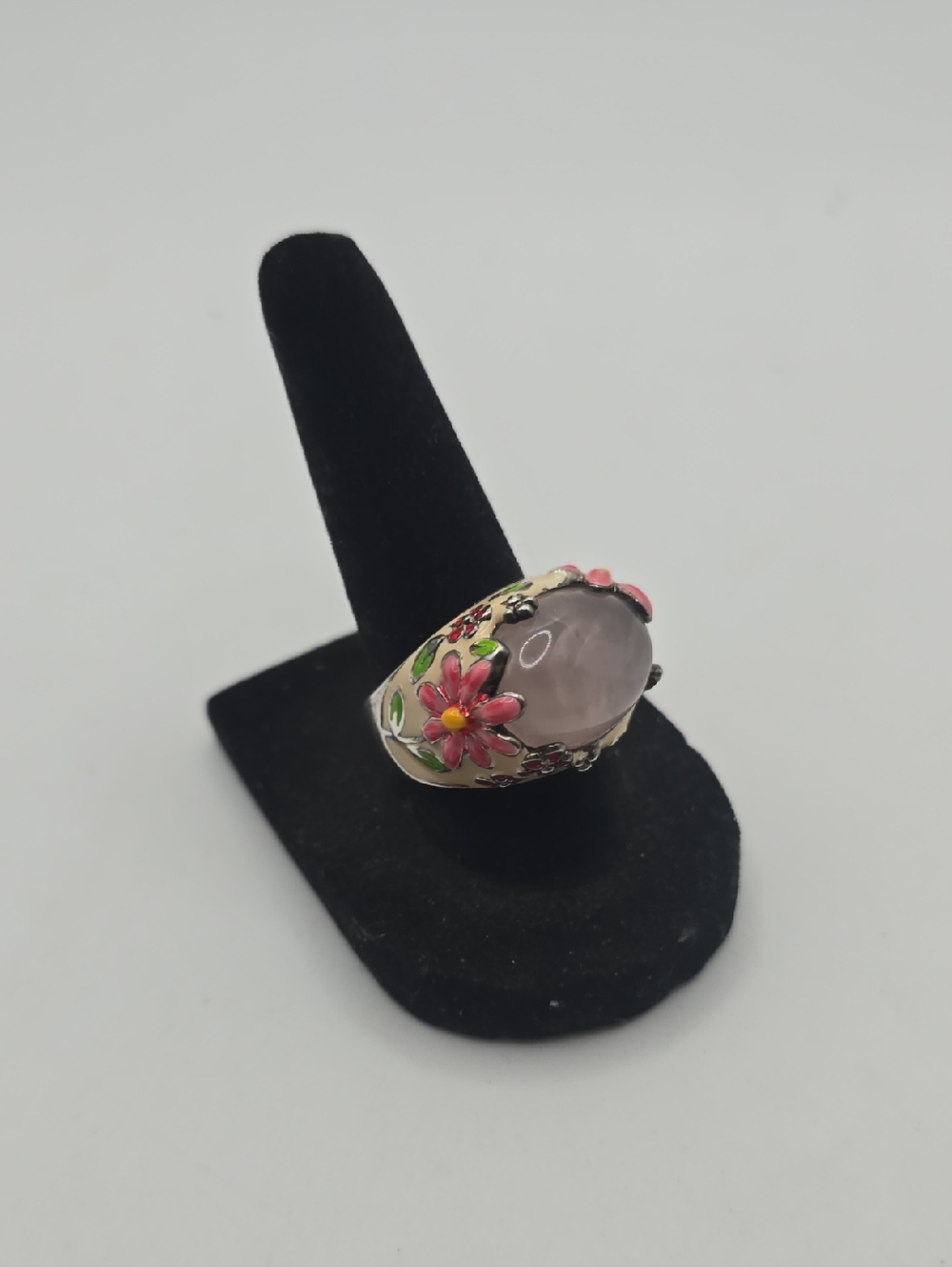 David Sigal Sterling Silver Floral Rose Quartz Cabochon Statement Ring